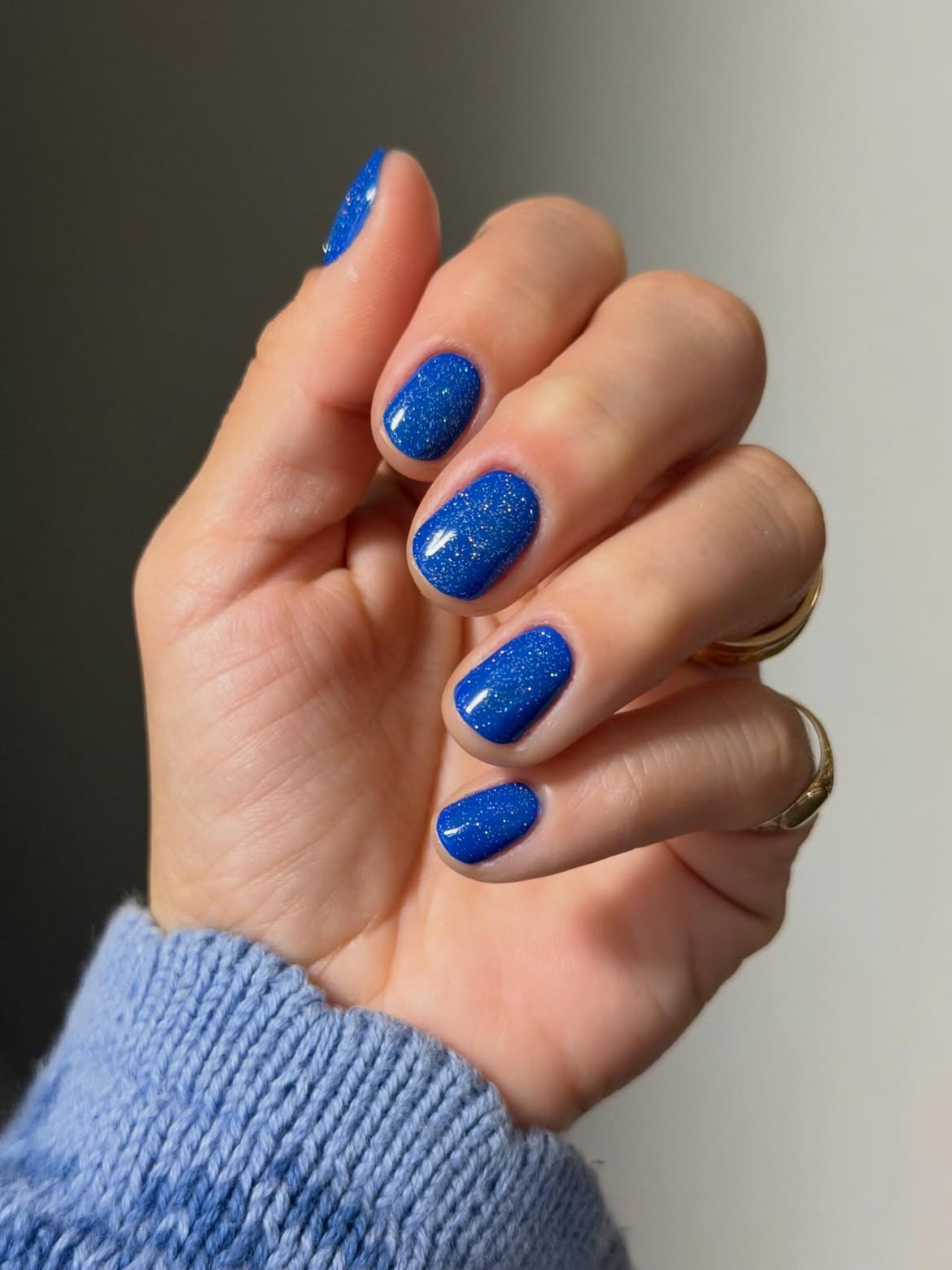 Glossy Royal Blue Glitter Short Squoval Nails