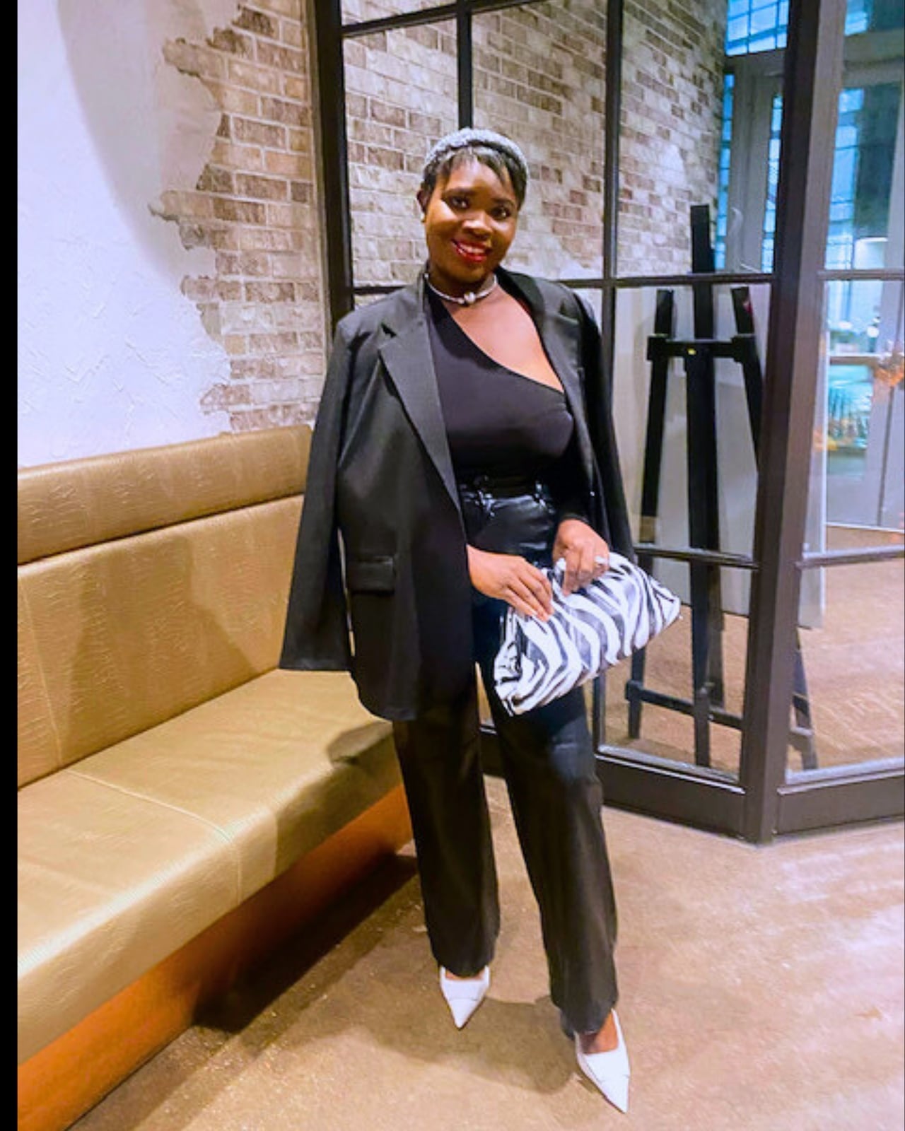 One-Shoulder Top With Faux Leather Trousers and Blazer One-Shoulder Top With Faux Leather Trousers and Blazer — Going Out Outfits