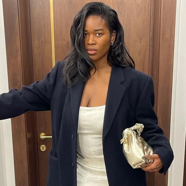 Oversized Navy Blazer Over Cream Slip Dress Oversized Navy Blazer Over Cream Slip Dress — Going Out Outfits