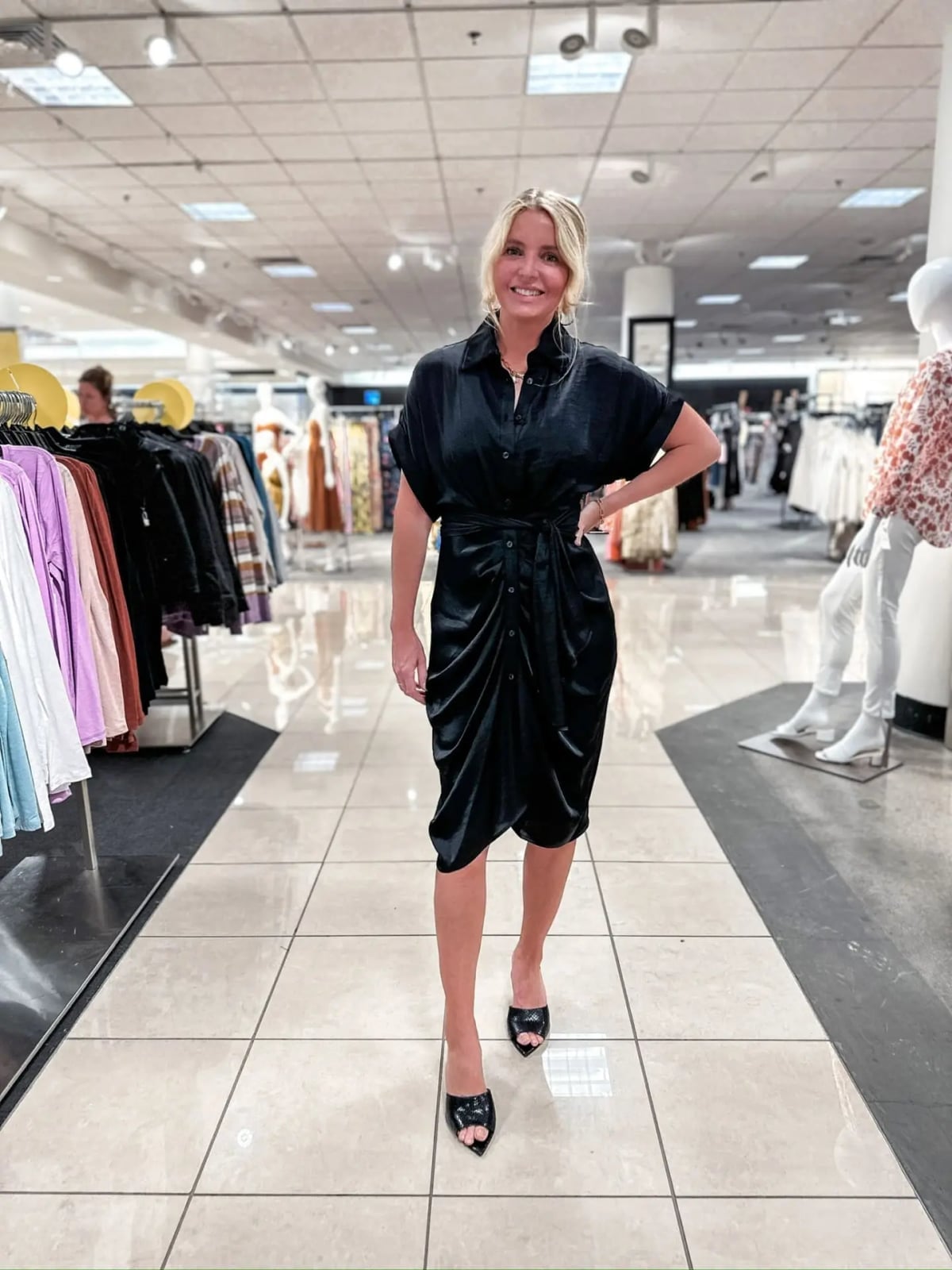Black Satin Shirt Dress With Tie Waist Black Satin Shirt Dress With Tie Waist — Going Out Outfits