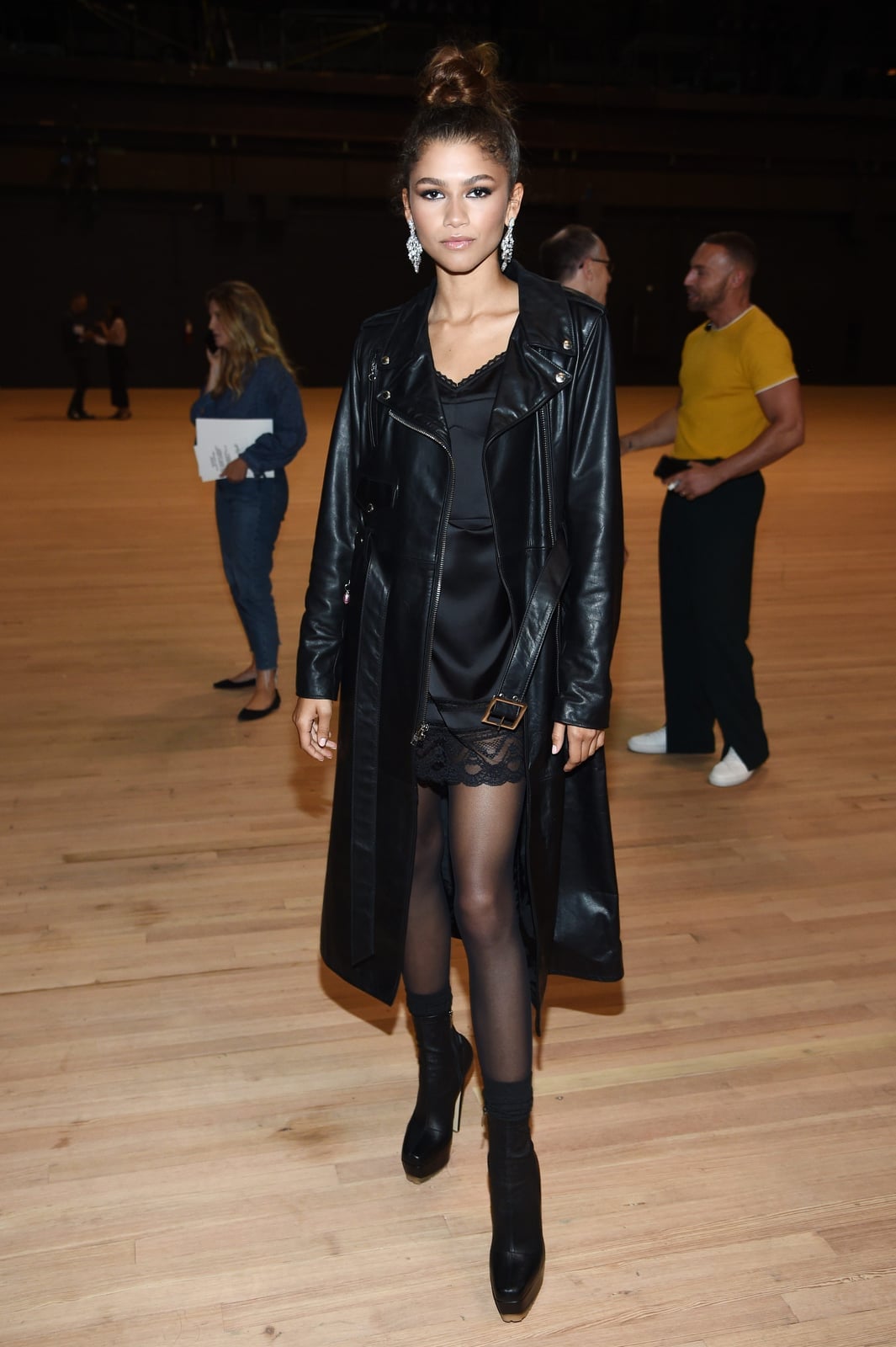 Leather Trench Coat Over Black Satin Slip Dress Leather Trench Coat Over Black Satin Slip Dress — Going Out Outfits