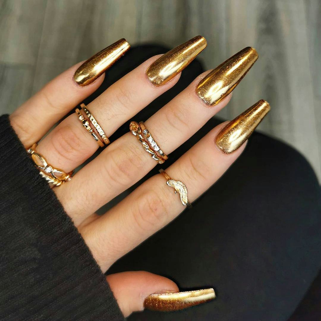 Long Coffin Gold Chrome Nails Long Coffin Gold Chrome Nails