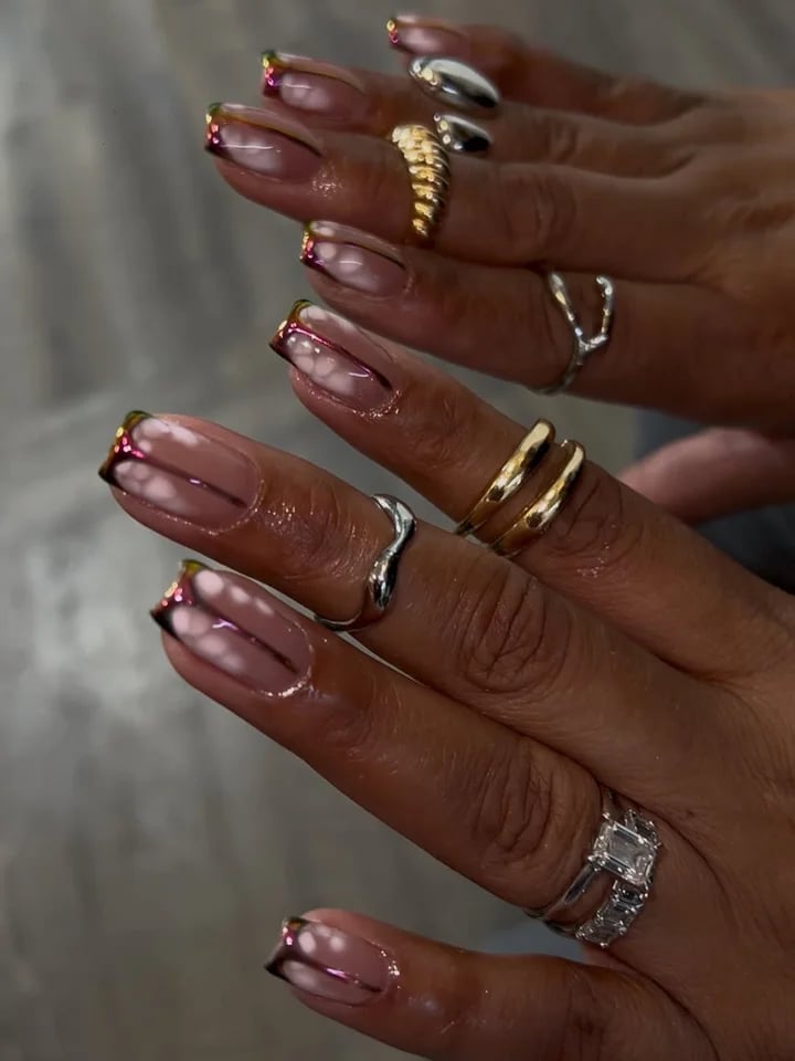 Long Square Gold Chrome French Tips with Color Shift Long Square Gold Chrome French Tips with Color Shift — Gold Chrome Nails