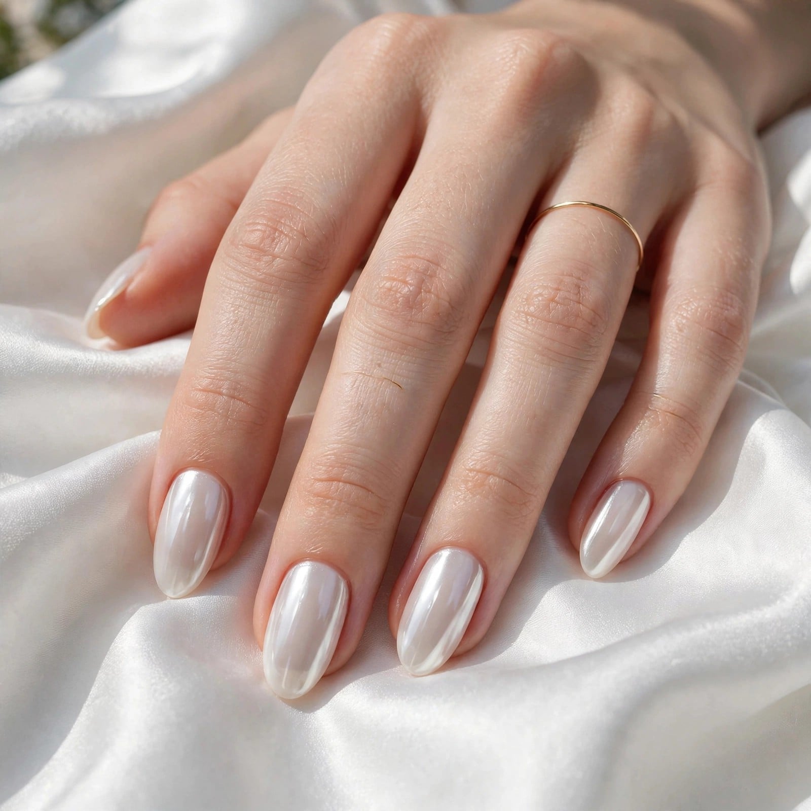 Medium Almond Glossy Milky White Nails Medium Almond Glossy Milky White Nails — Gold Chrome Nails