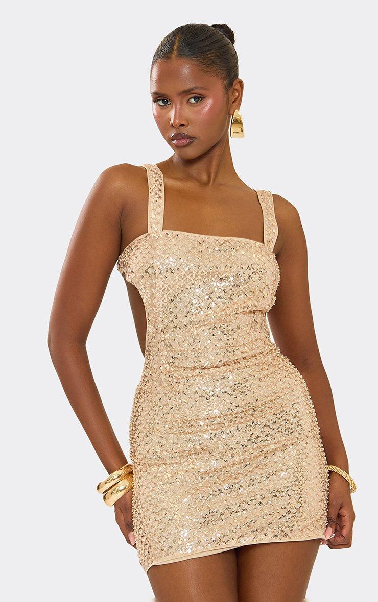 Gold Sequined Mini Dress With Square Neckline Gold Sequined Mini Dress With Square Neckline — Gold Dress