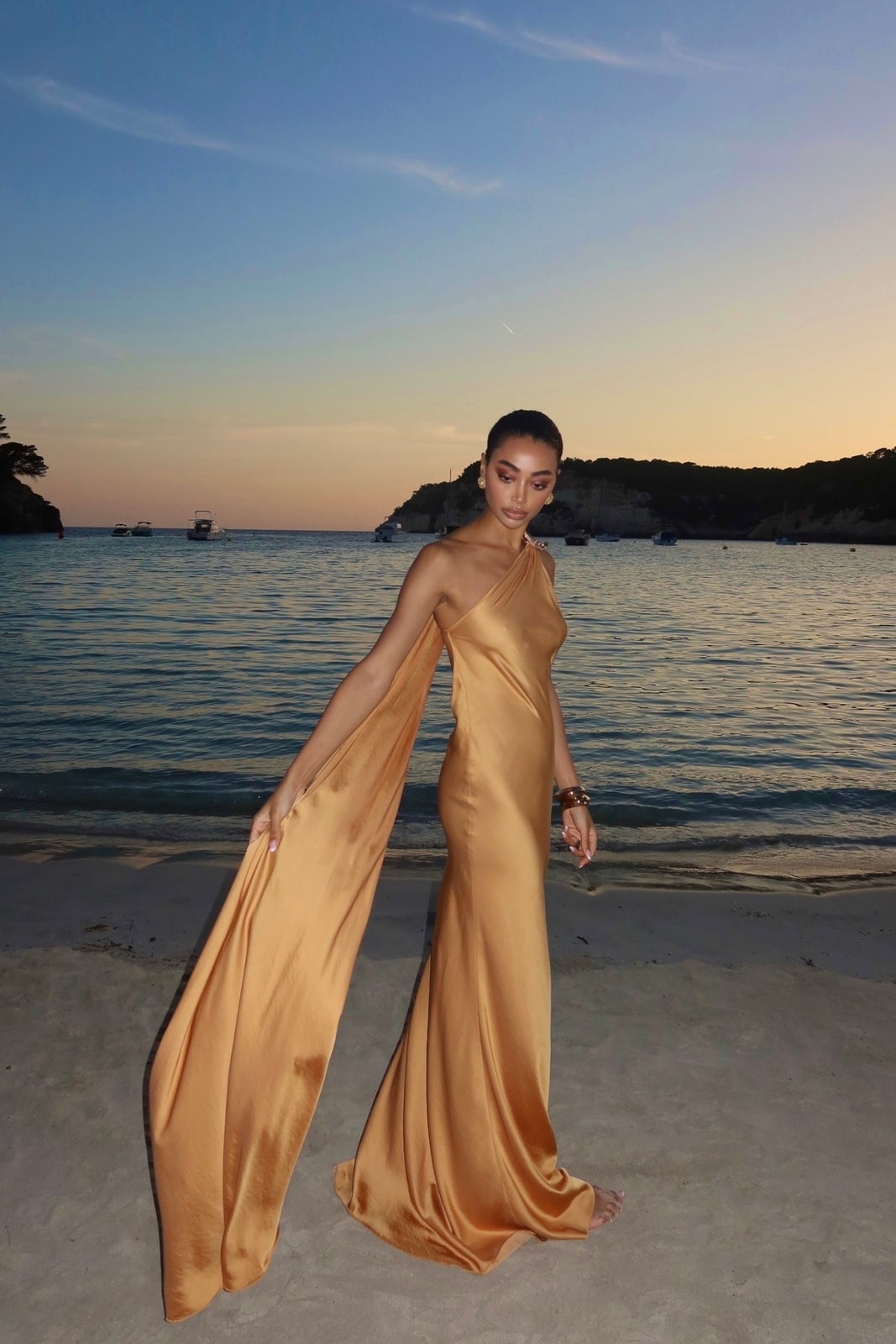 Gold Satin A-Line Gown With Draped Shoulder Gold Satin A-Line Gown With Draped Shoulder — Gold Dress