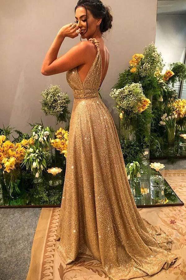 Sparkly Gold A-Line Gown With Deep V-Neck Sparkly Gold A-Line Gown With Deep V-Neck — Gold Dress