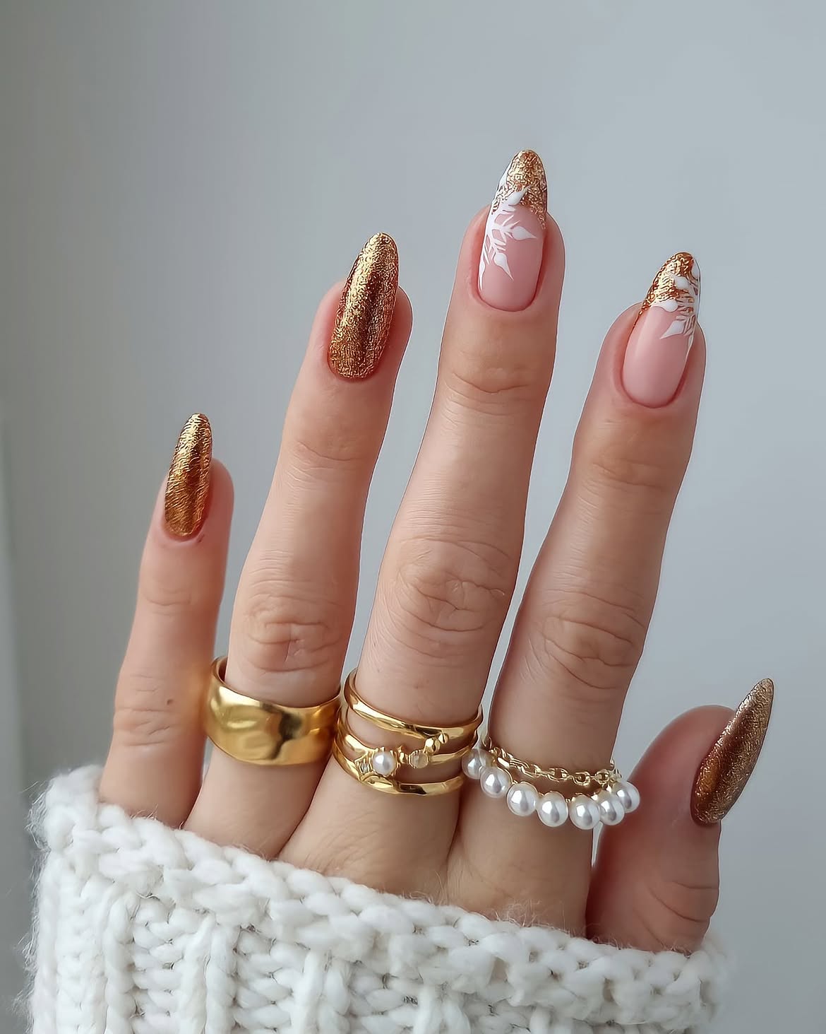 Gold Glitter French Tip Snowflake Almond Nails