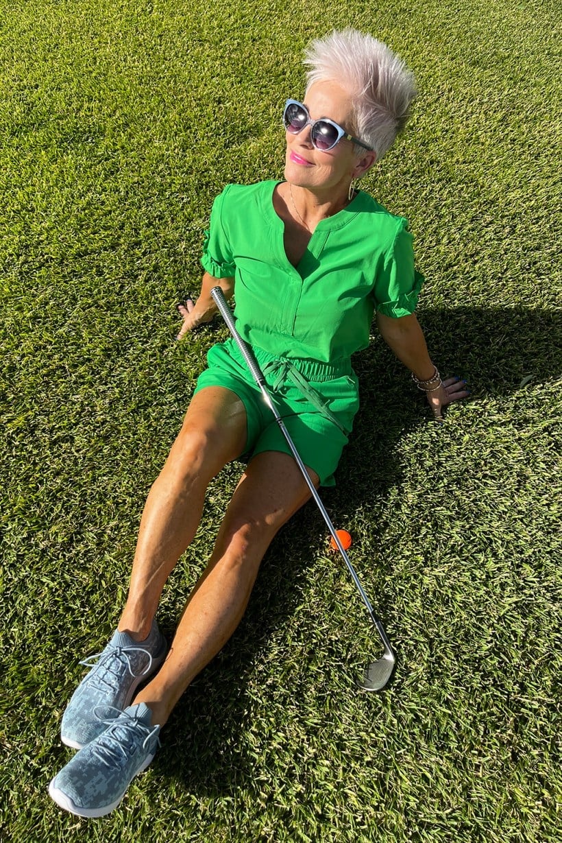Bright green top and shorts with light blue sneakers Bright green top and shorts with light blue sneakers — Golf Outfits