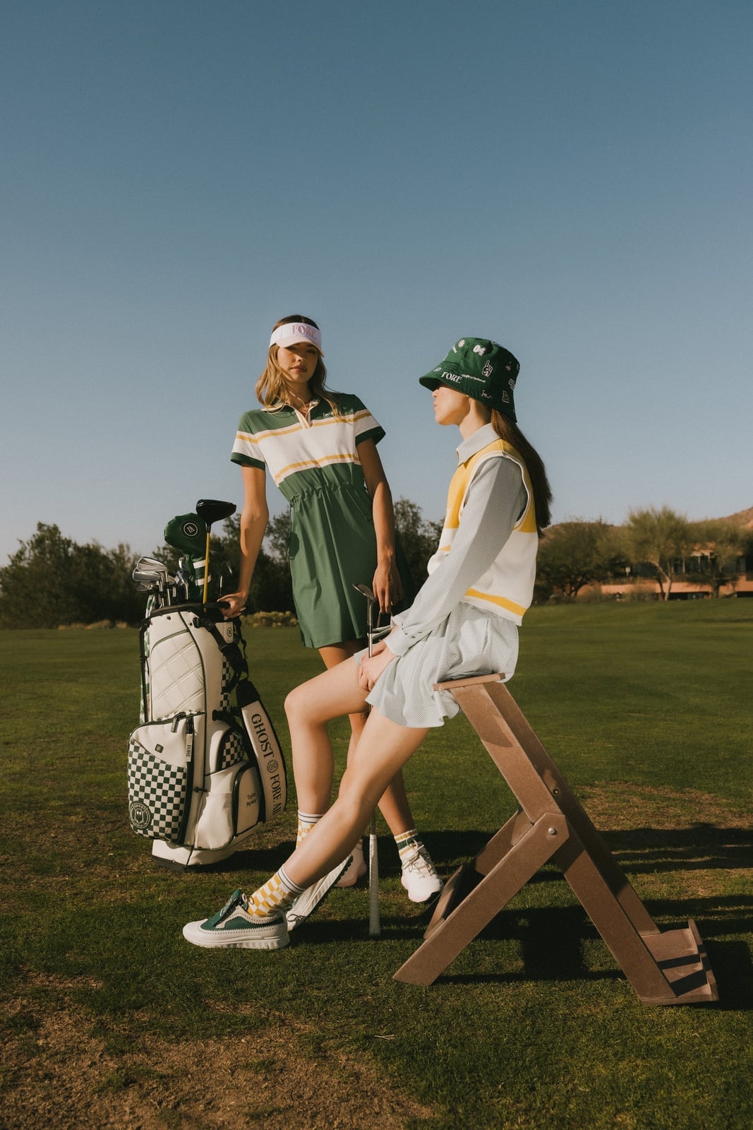 Green and white striped short-sleeve dress with pink visor Green and white striped short-sleeve dress with pink visor — Golf Outfits