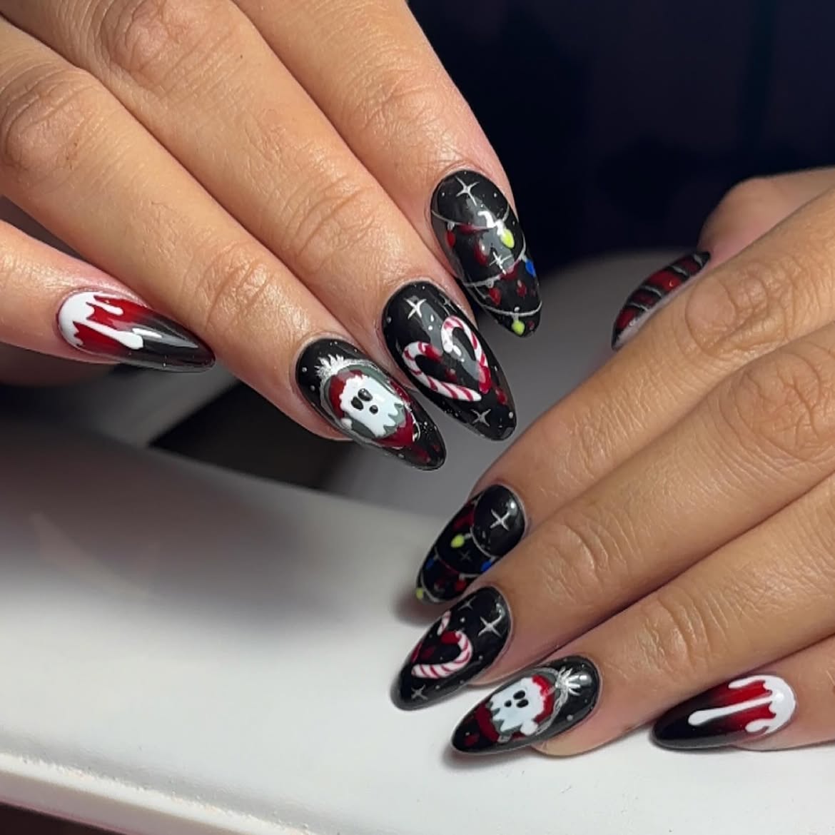 Goth Christmas Ghost and Candy Cane Art Nails