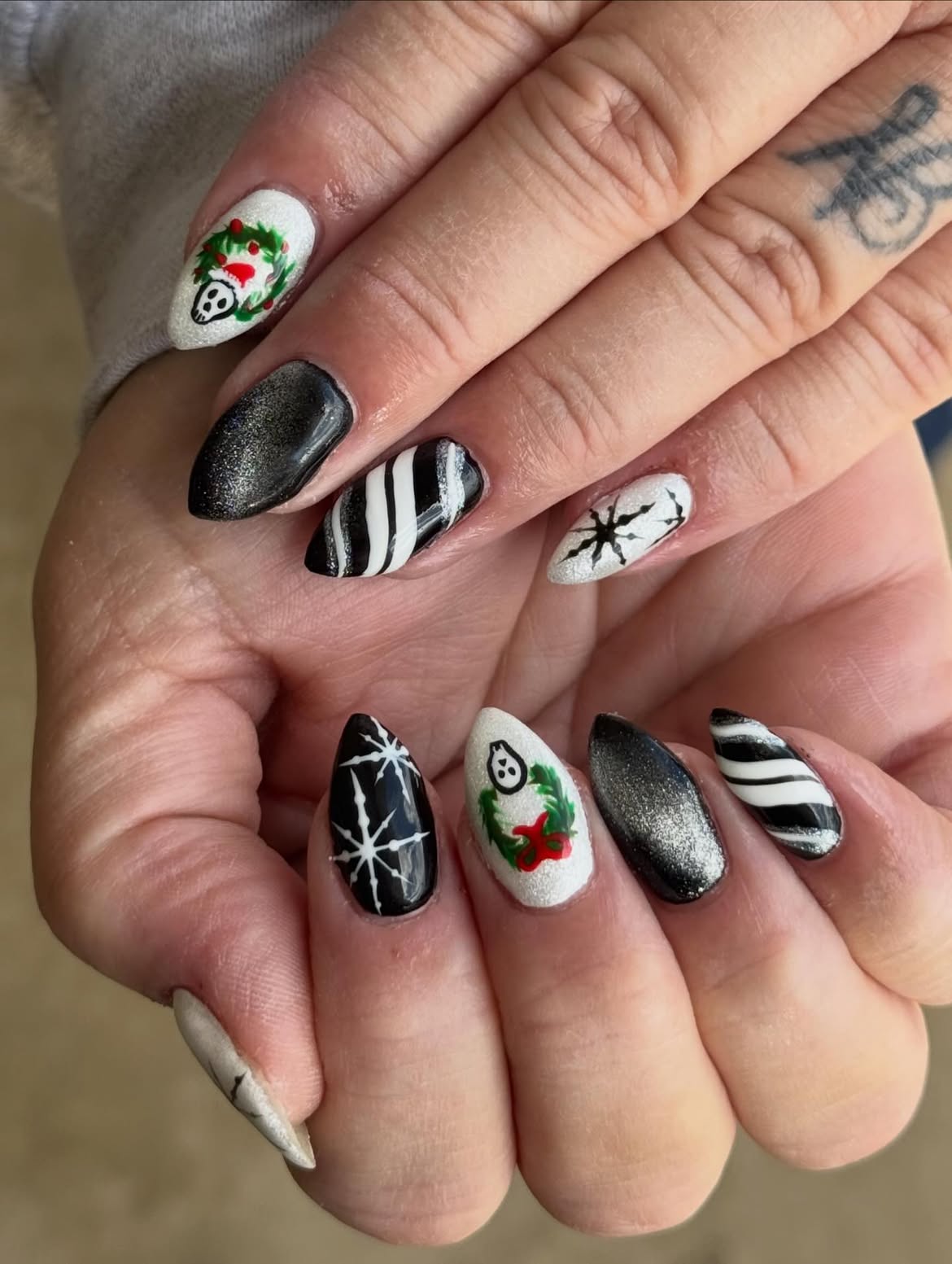 Goth Christmas Ghost and Snowflake Nails