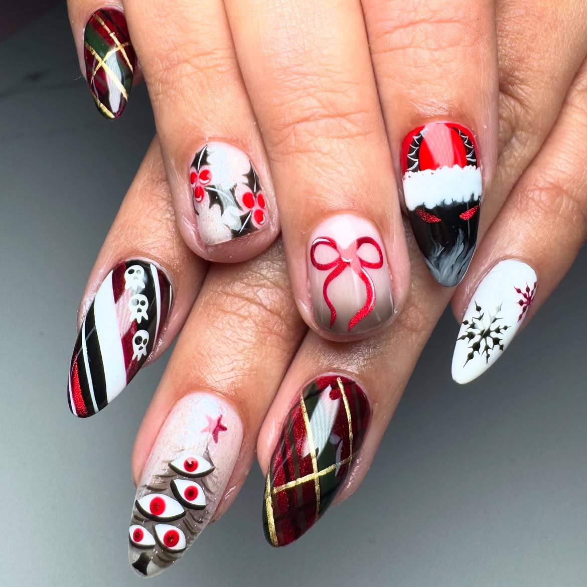 Goth Christmas Nail Art with Skulls and Santa