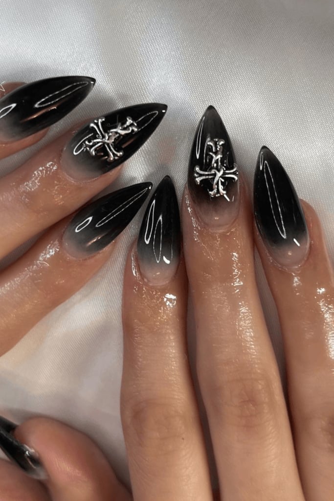Long Sharp Gradient Nails With Cross Charms Long Sharp Gradient Nails With Cross Charms — Goth Nails