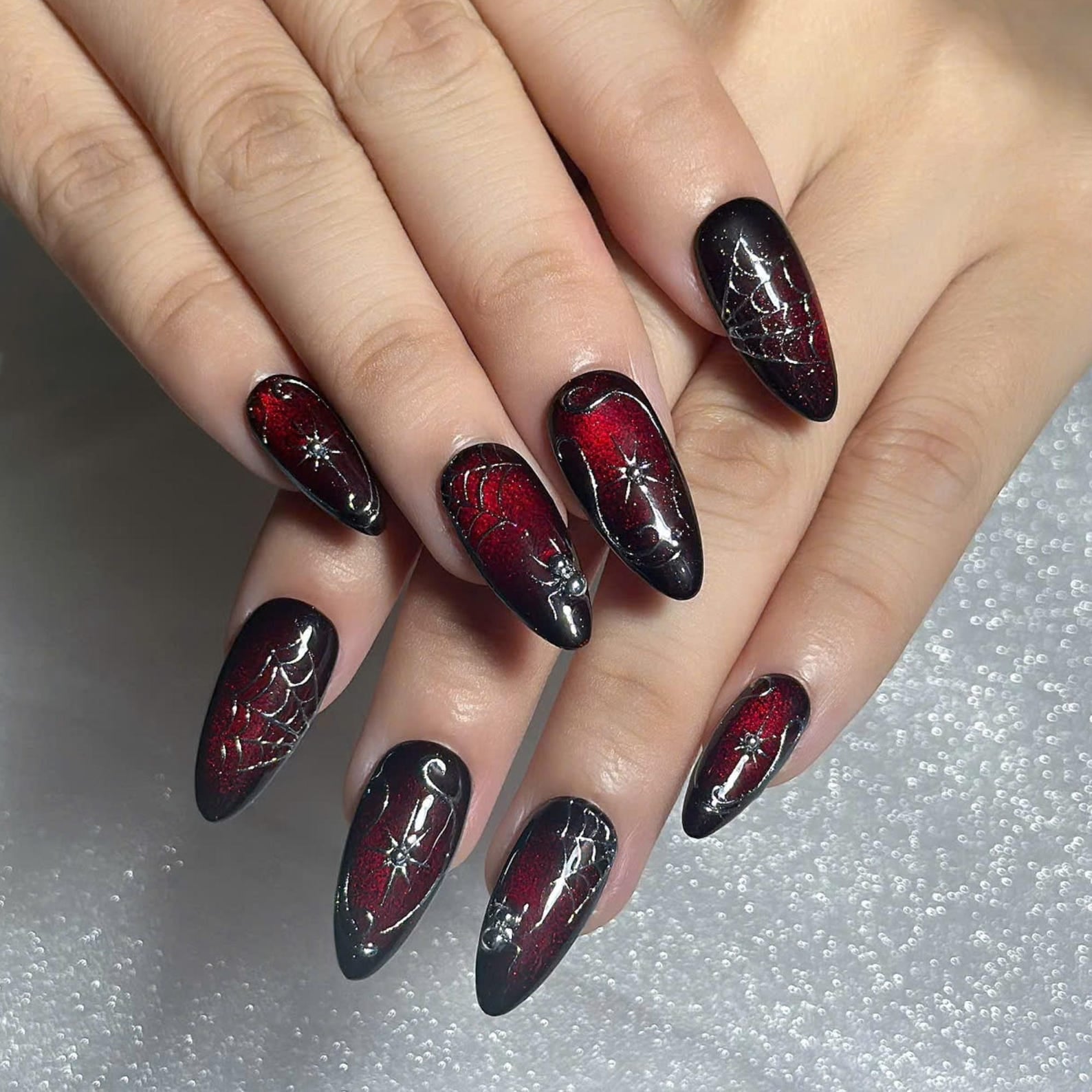Long Almond Gothic Nails With Spiderweb Blood Long Almond Gothic Nails With Spiderweb Blood — Goth Nails