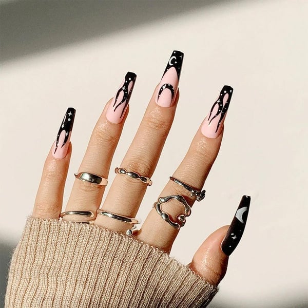 Long Coffin Nails With Black Abstract Swirls Long Coffin Nails With Black Abstract Swirls — Goth Nails