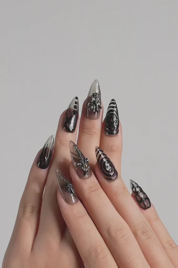 Long Stiletto Clear Gray With 3D Charms Long Stiletto Clear Gray With 3D Charms — Goth Nails