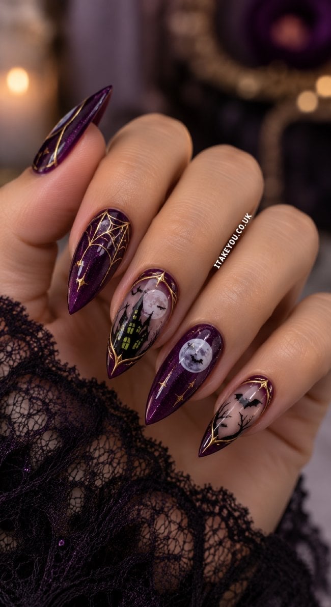 Deep Purple Stiletto Nails With Gold Accents Deep Purple Stiletto Nails With Gold Accents — Goth Nails