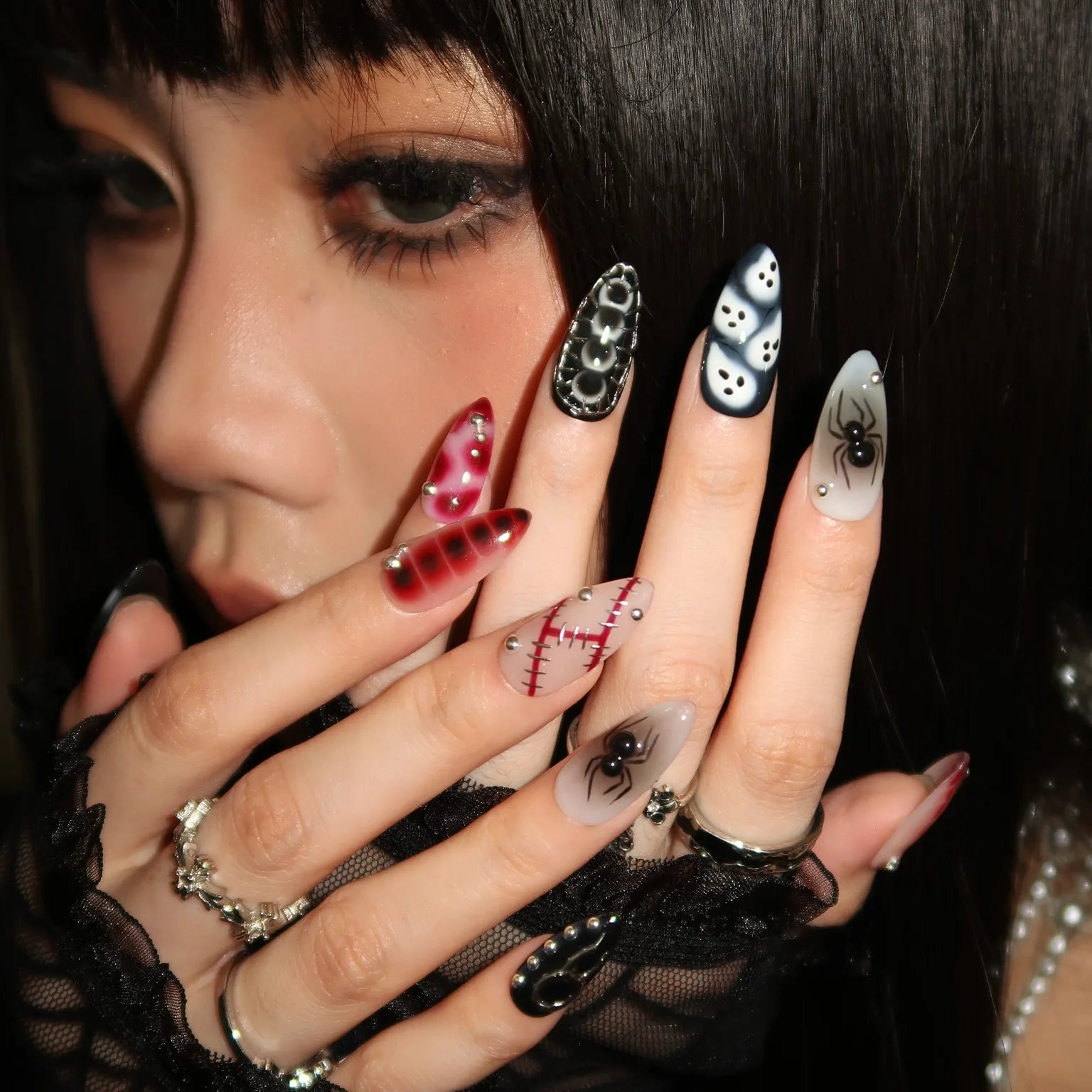 Long Stiletto Gothic Nails With Mixed Motifs Long Stiletto Gothic Nails With Mixed Motifs — Goth Nails