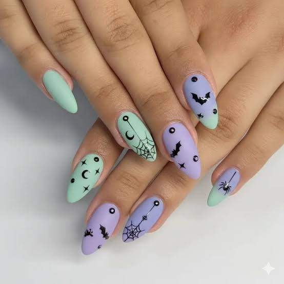 Medium Almond Mint Lavender Nails With Bats Medium Almond Mint Lavender Nails With Bats — Goth Nails