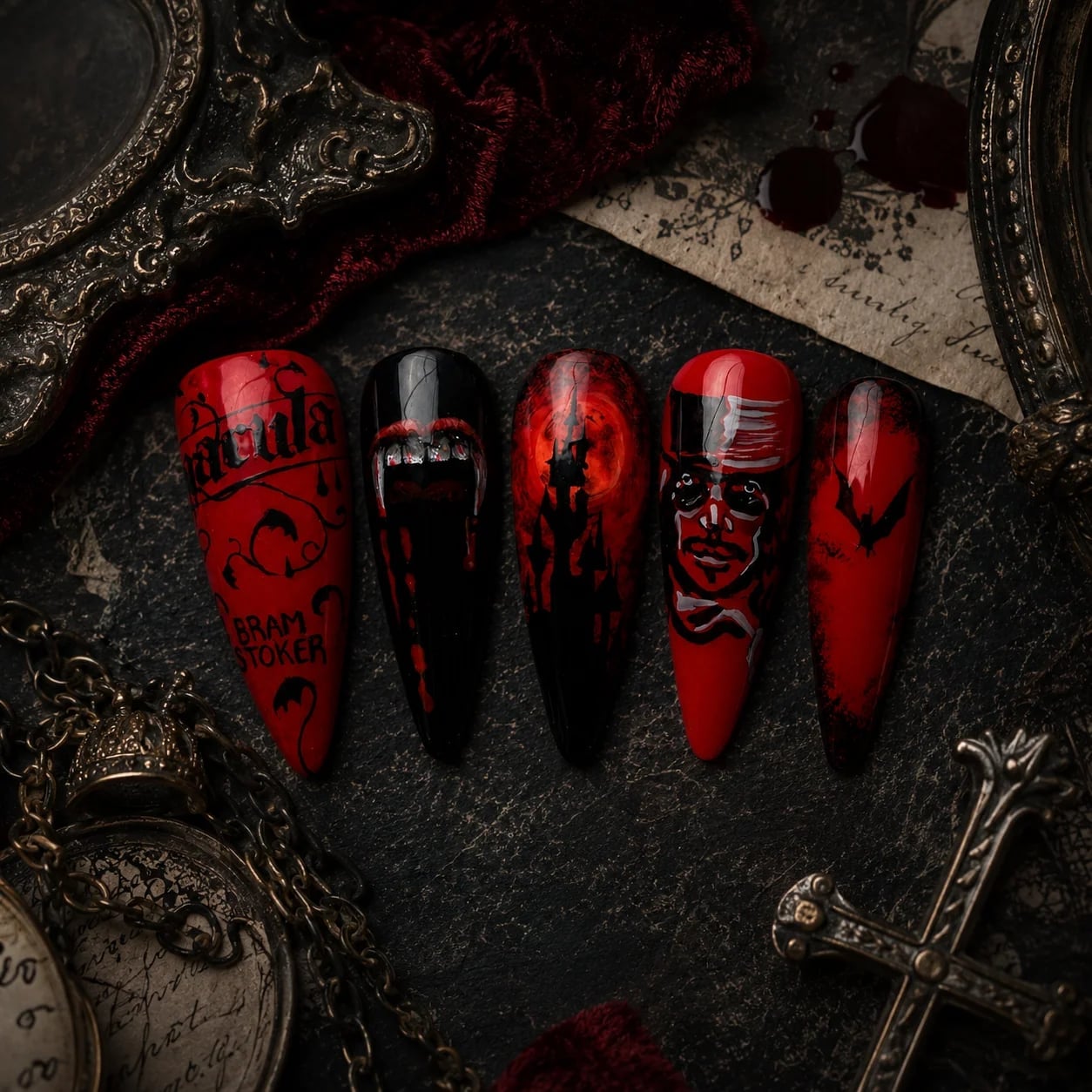 Long Coffin Nails With Vampire Art Long Coffin Nails With Vampire Art — Goth Nails