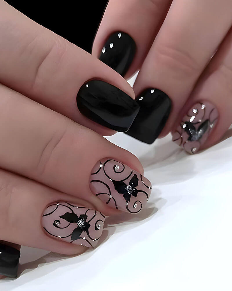 Short Square Gothic Nails With Decals Short Square Gothic Nails With Decals — Goth Nails