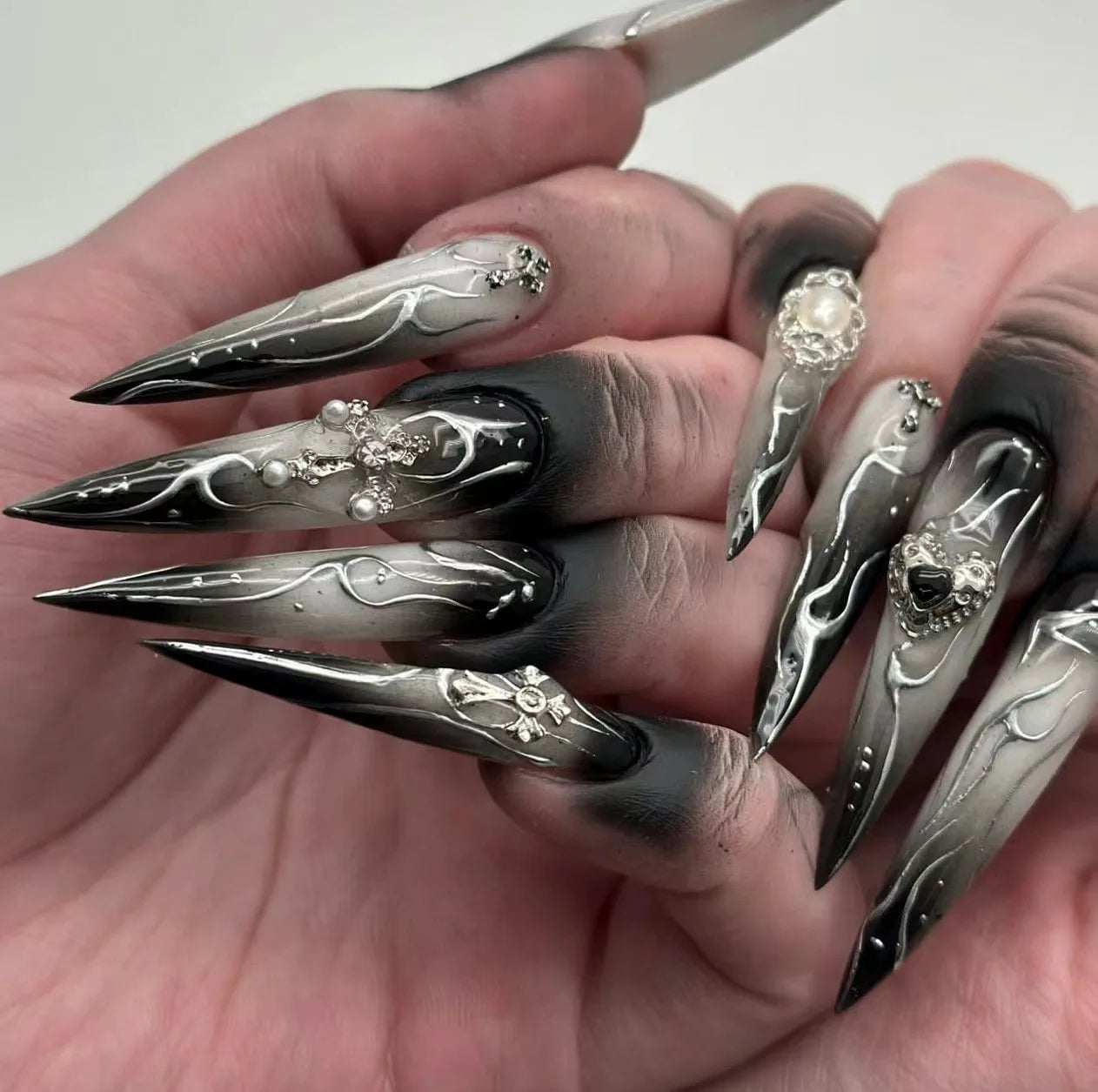 Black Gray White Stiletto Nails With Silver Swirls Black Gray White Stiletto Nails With Silver Swirls — Goth Nails