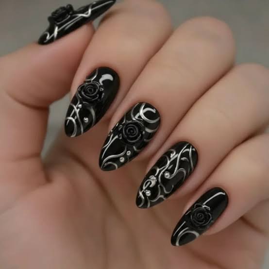 Black Almond Nails With 3D Silver Rose Black Almond Nails With 3D Silver Rose — Goth Nails