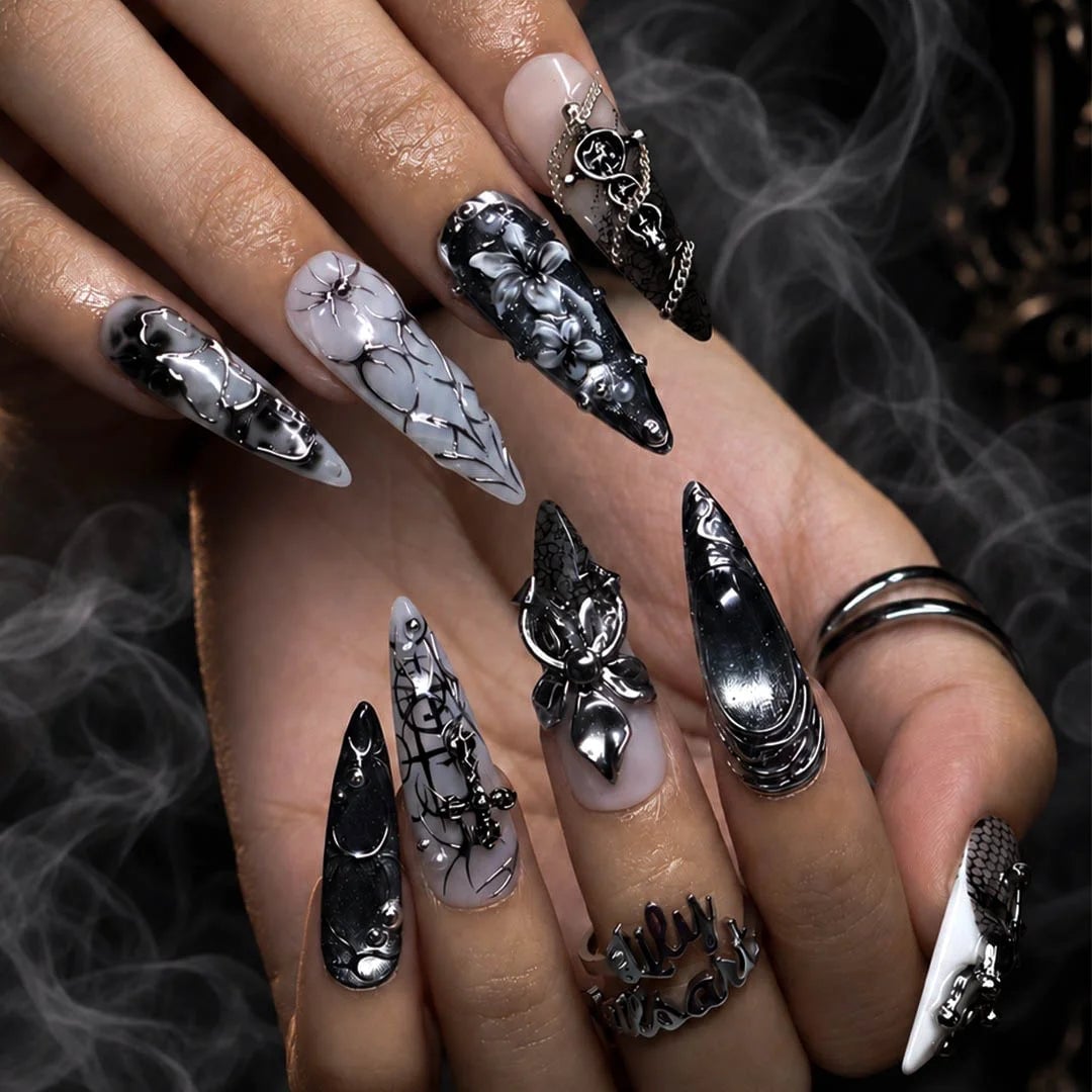Gothic Stiletto Nails With Mixed Finishes Gothic Stiletto Nails With Mixed Finishes — Goth Nails