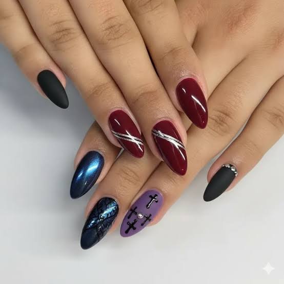 Long Almond Gothic Nails With Mixed Colors Long Almond Gothic Nails With Mixed Colors — Goth Nails