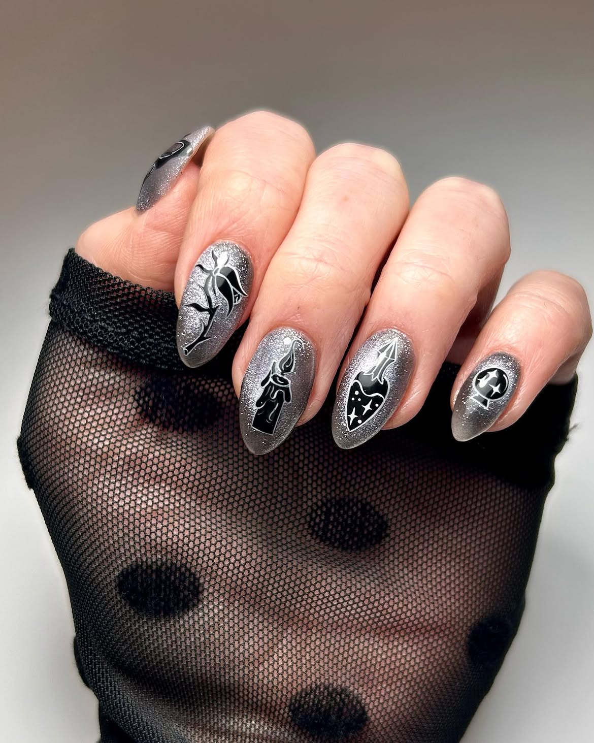 Gothic Celestial Candle And Rose Oval Nails