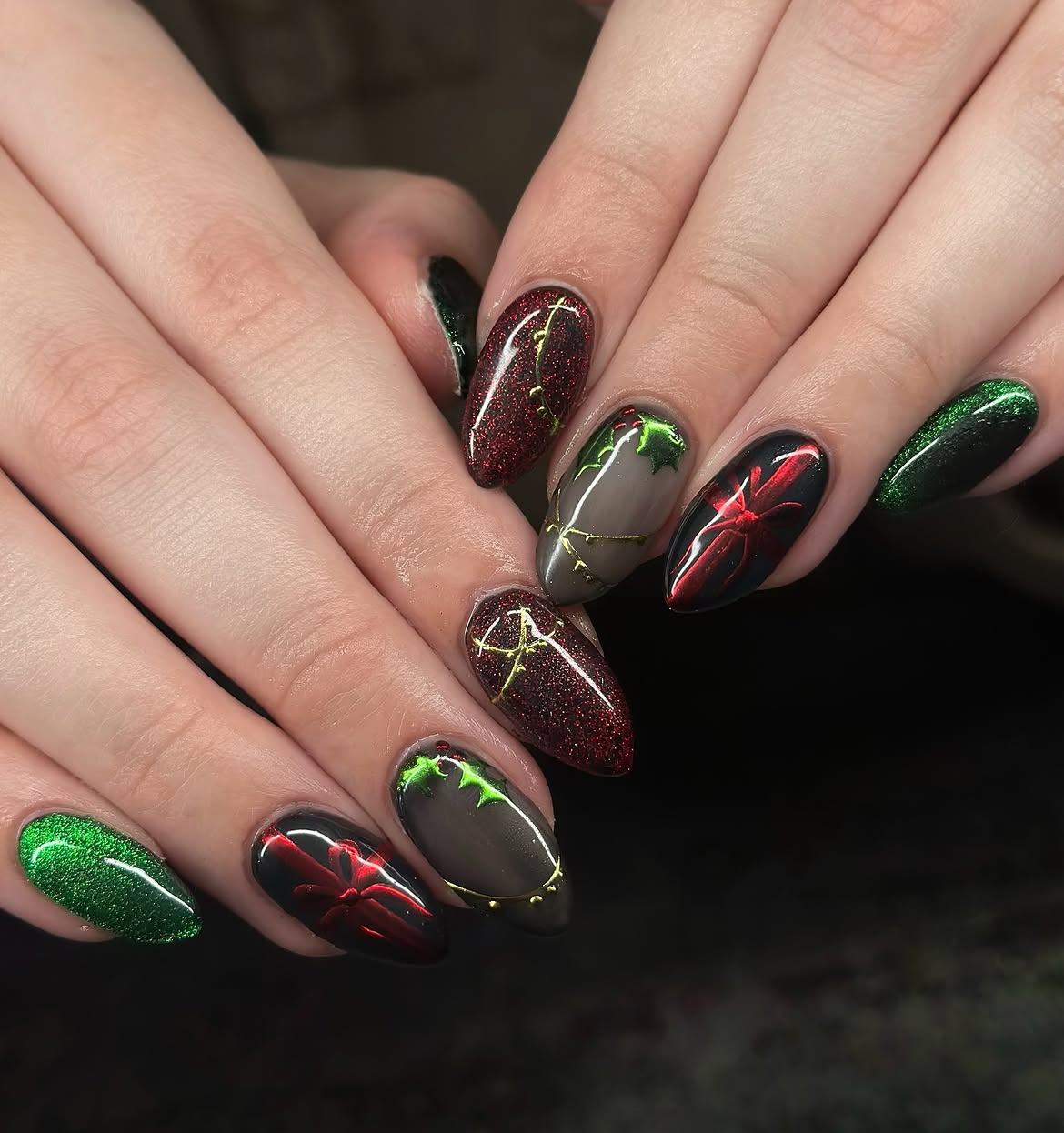 Gothic Christmas Gift Wrap Almond Nails