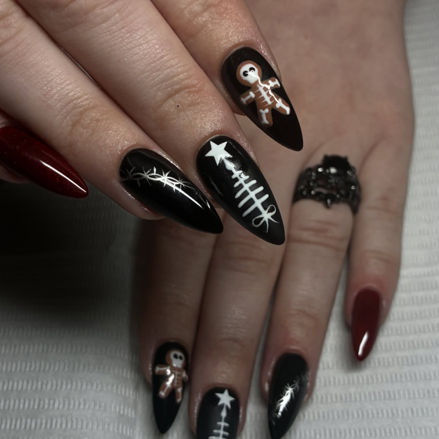 Gothic Christmas Nail Art with Gingerbread Man Accents