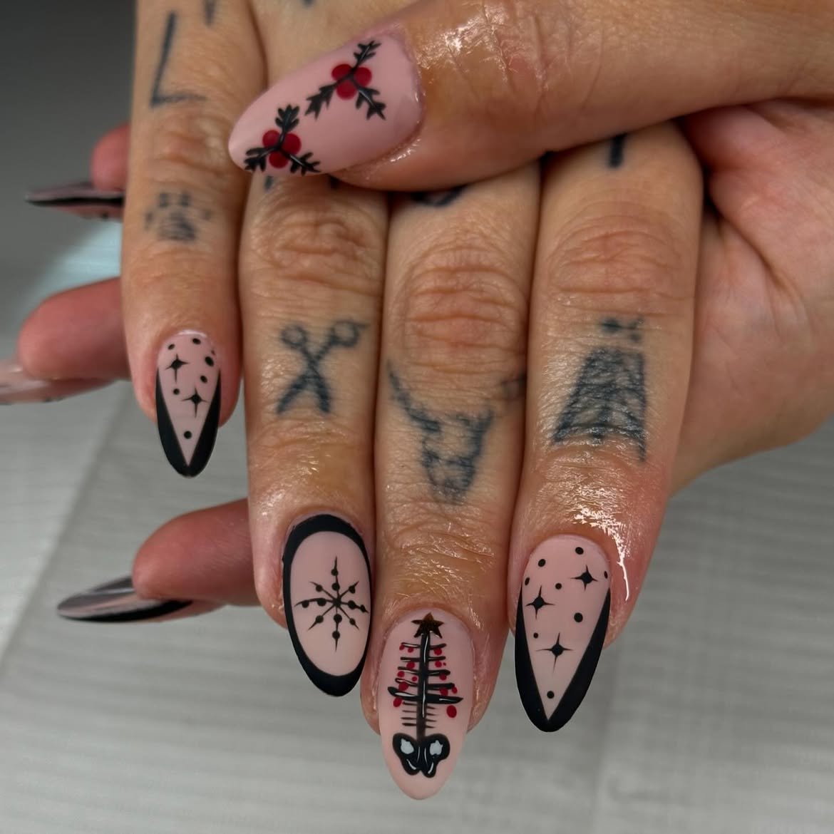 Gothic Christmas Tree and Holly Almond Nails