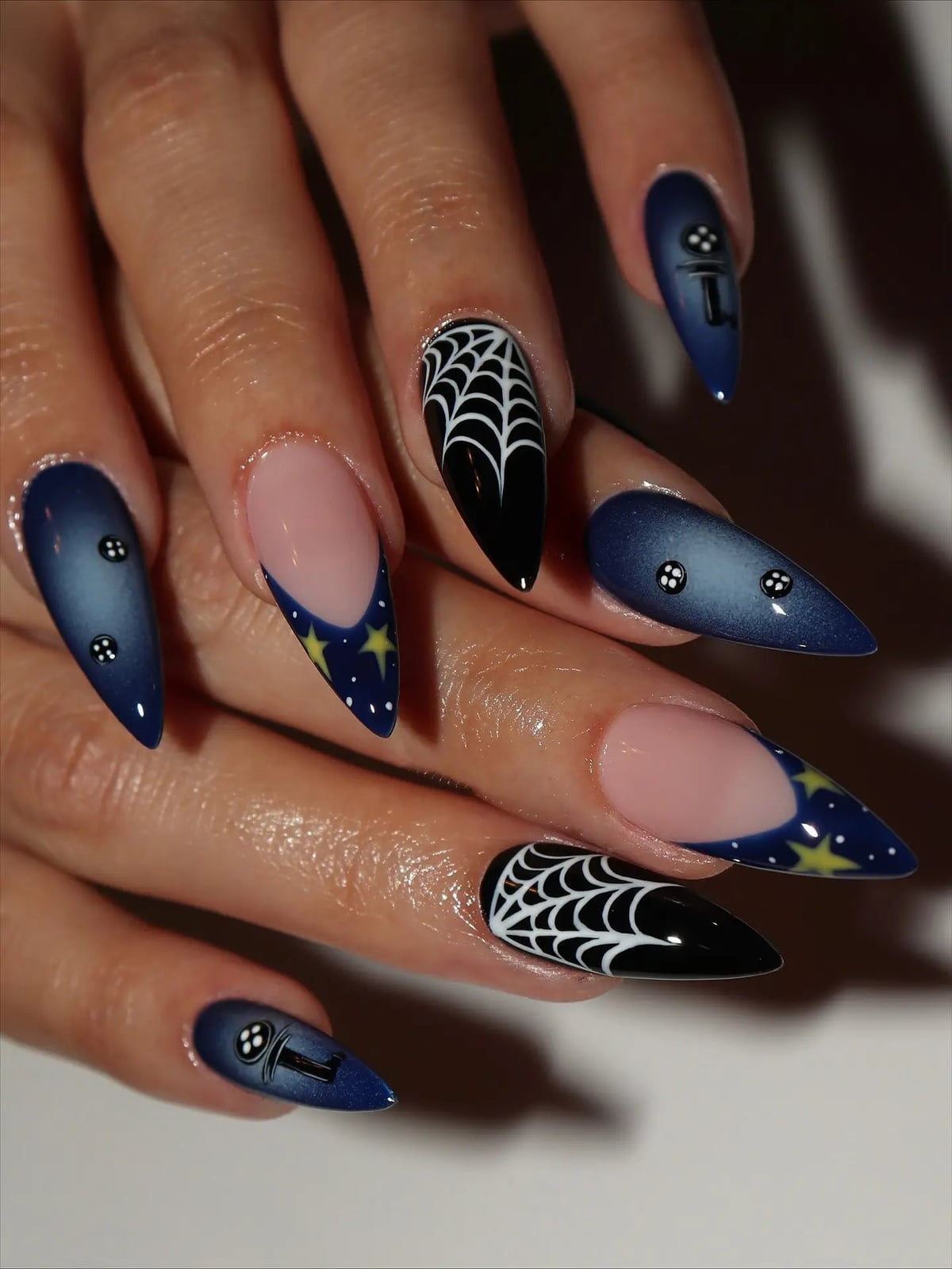 Navy Blue Stiletto Nails with White Spider Webs Navy Blue Stiletto Nails with White Spider Webs — Gothic Nails