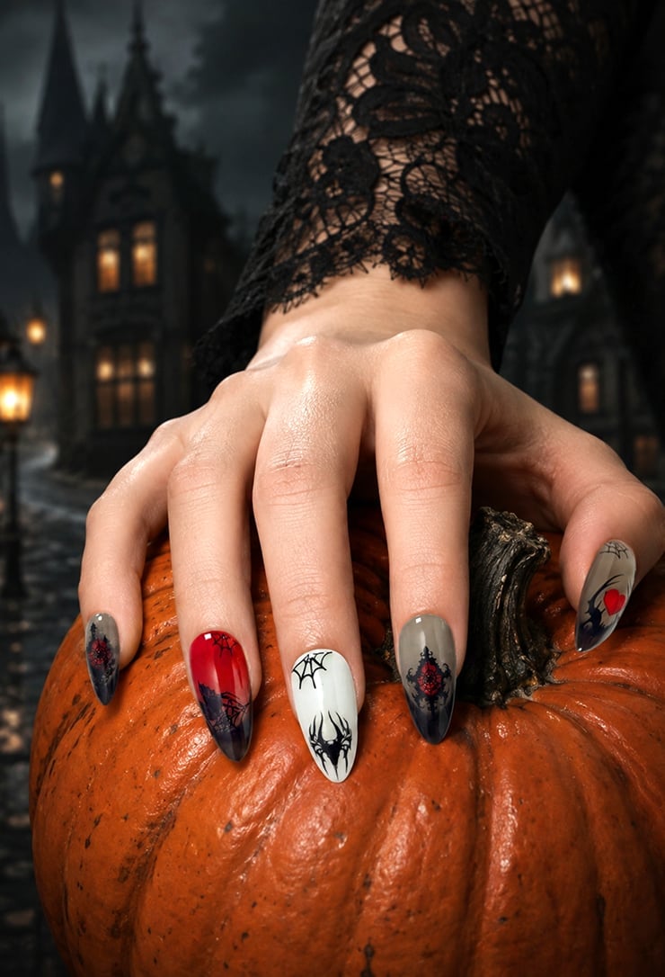 Sharp Medium Nails with Gothic French and Blood Drops Sharp Medium Nails with Gothic French and Blood Drops — Gothic Nails
