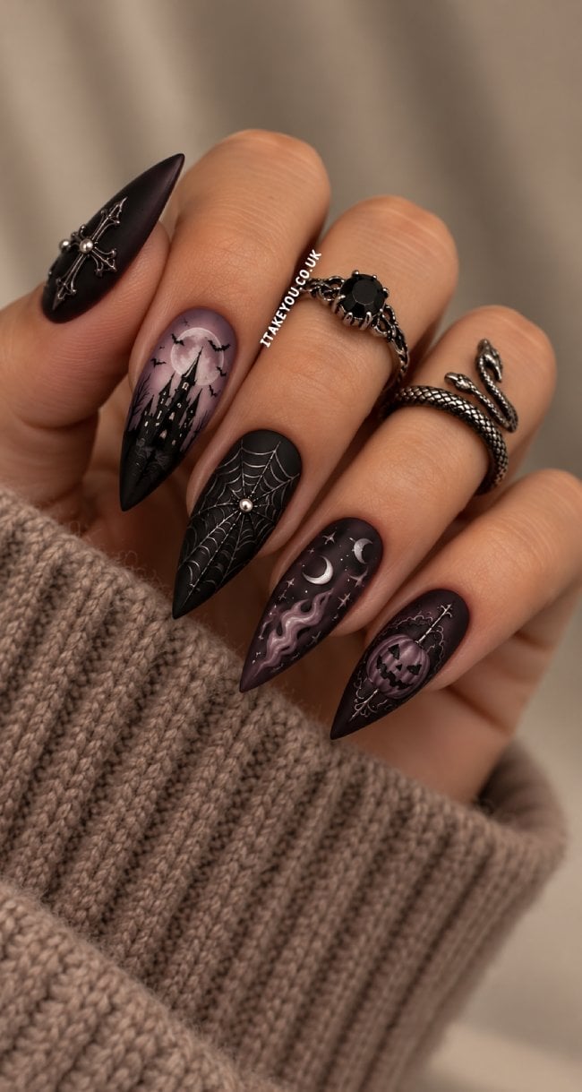 Matte Black Stilettos with Gothic Scene Art Matte Black Stilettos with Gothic Scene Art — Gothic Nails