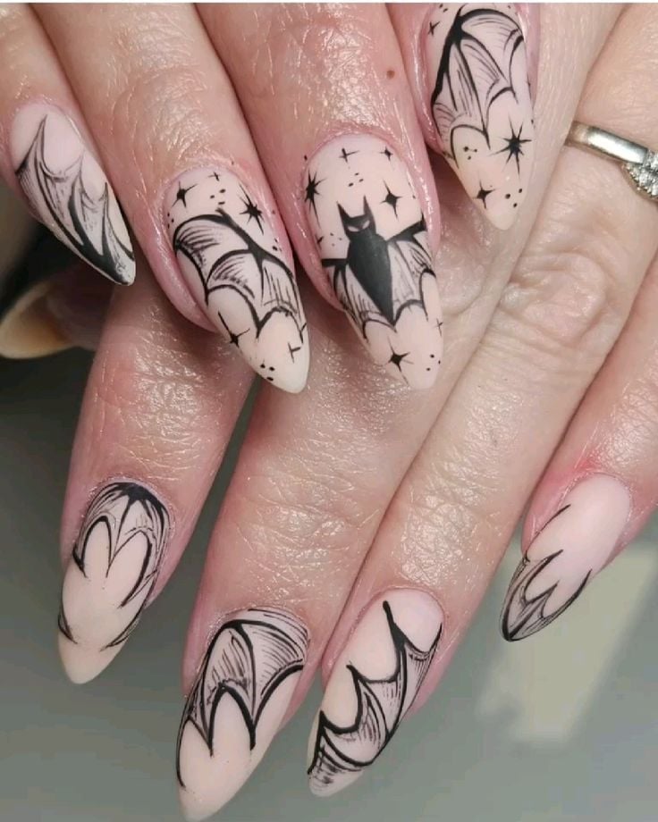 Nude Matte Nails with Black Gothic Illustrations Nude Matte Nails with Black Gothic Illustrations — Gothic Nails