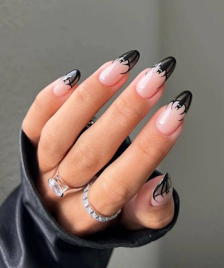 Sheer Nude Almond Nails with Bat Wing Tips Sheer Nude Almond Nails with Bat Wing Tips — Gothic Nails