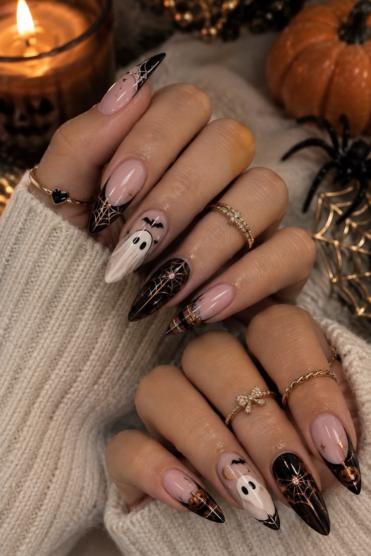 Nude French Nails with Gothic Halloween Art Nude French Nails with Gothic Halloween Art — Gothic Nails