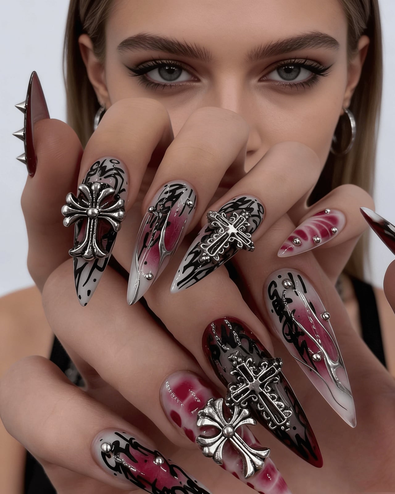 Smoky Gray Ombre Stilettos with Cross Charms Smoky Gray Ombre Stilettos with Cross Charms — Gothic Nails