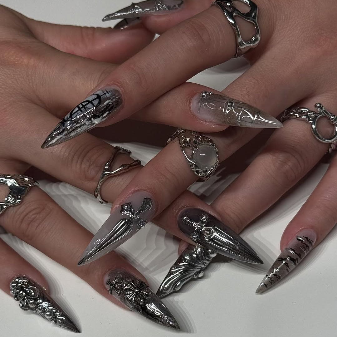 Long Stilettos with Metallic Sculpted Art and Crosses Long Stilettos with Metallic Sculpted Art and Crosses — Gothic Nails