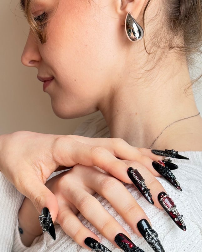 Long Stilettos with 3D Silver Hardware and Gems Long Stilettos with 3D Silver Hardware and Gems — Gothic Nails