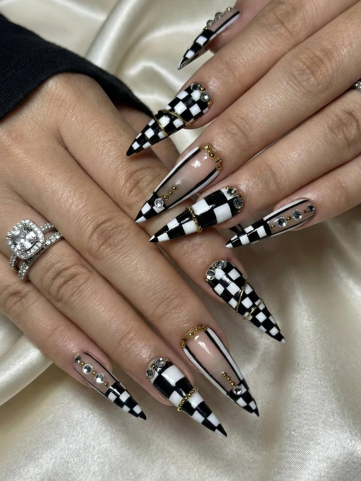 Extra Long Stilettos with Checkerboard and Gold Extra Long Stilettos with Checkerboard and Gold — Gothic Nails