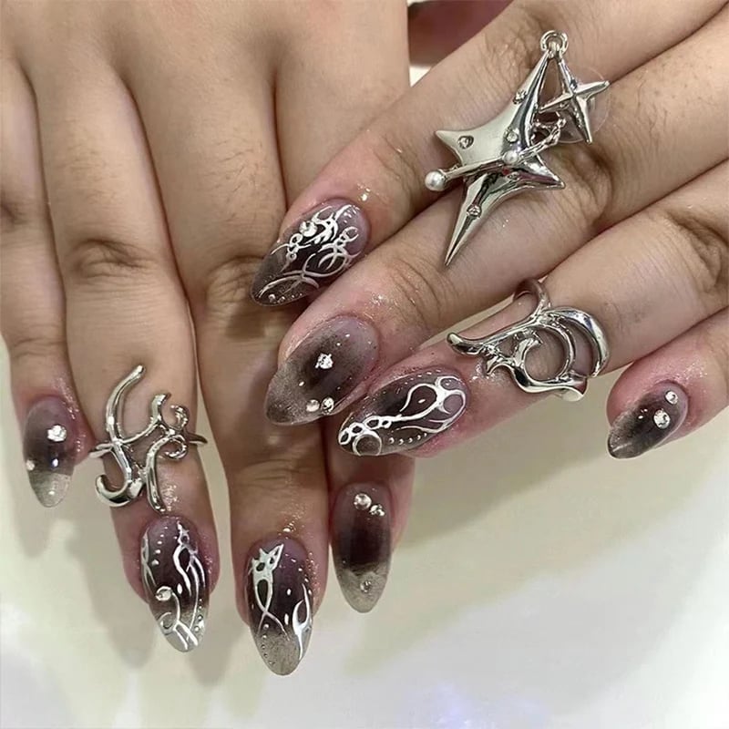 Dark Gray Gradient Almond Nails with Silver Charms Dark Gray Gradient Almond Nails with Silver Charms — Gothic Nails