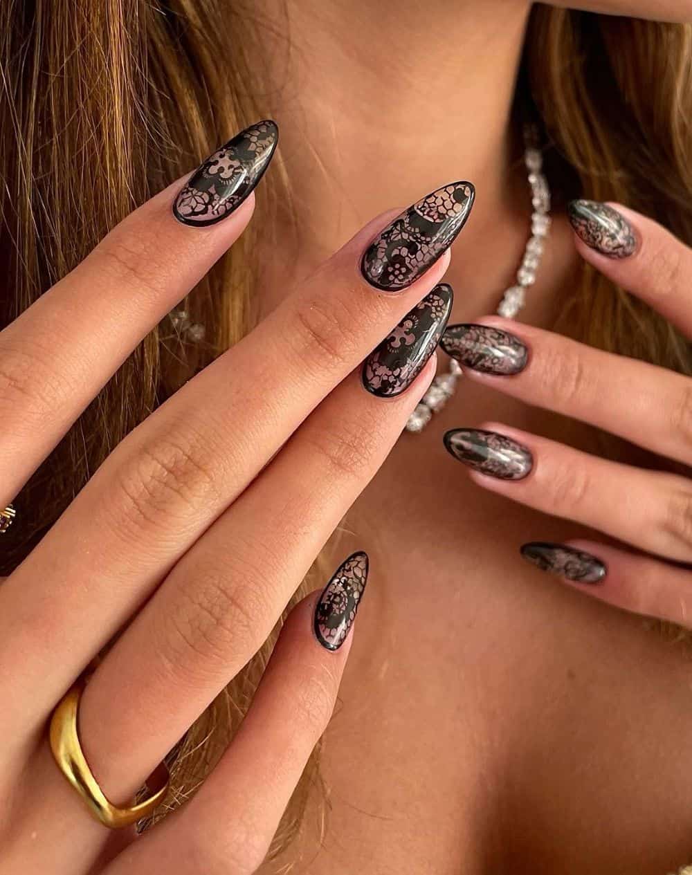 Medium Length Sharp Almond Nails with Gray Lace Medium Length Sharp Almond Nails with Gray Lace — Gothic Nails