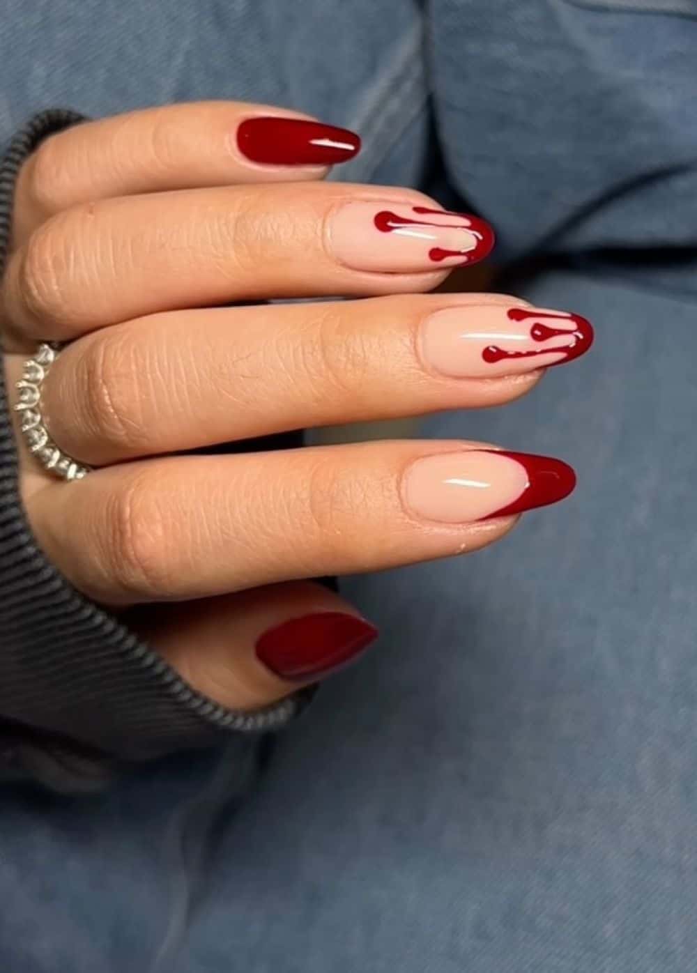 Deep Red Almond Nails with Black Lace Art Deep Red Almond Nails with Black Lace Art — Gothic Nails