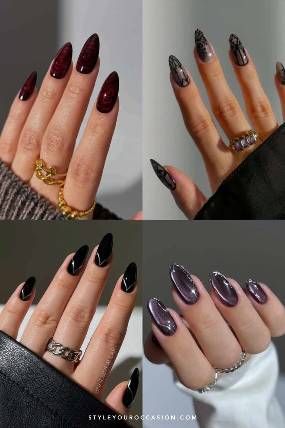 Sheer Nude Almond Nails with Black Lace Accents Sheer Nude Almond Nails with Black Lace Accents — Gothic Nails