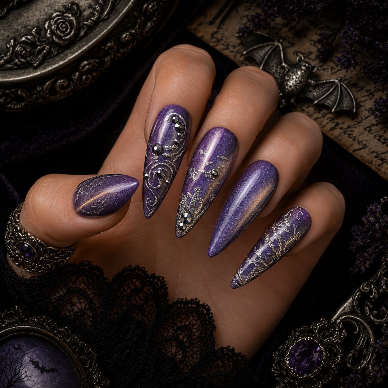 Purple Cat-Eye Stiletto Nails with Silver Filigree Purple Cat-Eye Stiletto Nails with Silver Filigree — Gothic Nails