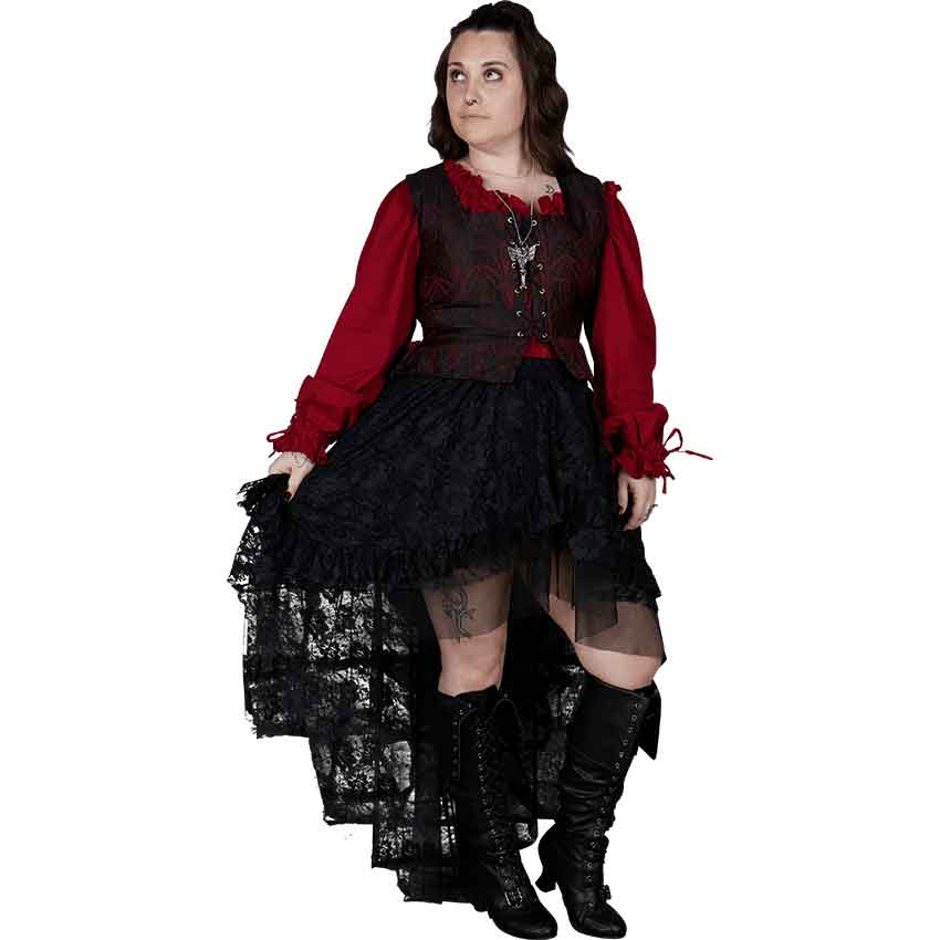 Lace Vest Over Red Shirt With High-Low Skirt Lace Vest Over Red Shirt With High-Low Skirt — Gothic Outfits